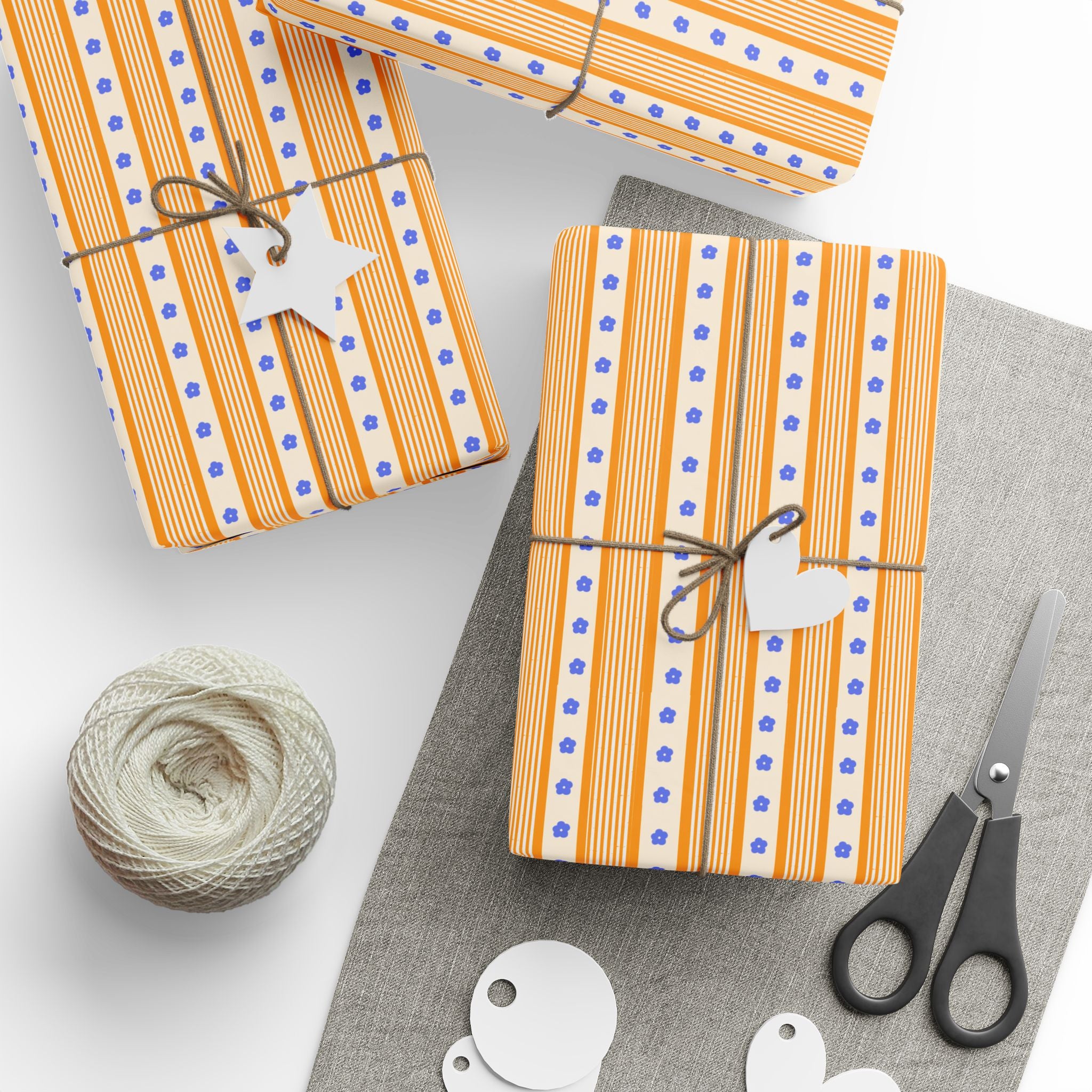 Wrapping Paper - Orange Stripes & Blue Flowers